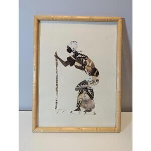 Vintage Butterfly Wing Art African Figure Wall Decor Framed Handmade 13" 10"